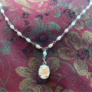 Dainty Freshwater Pearl necklace with vintage rose charm